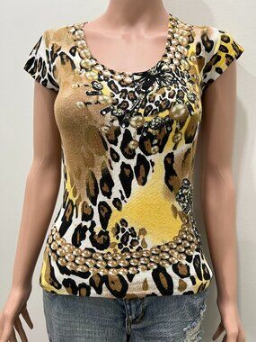 1990s Cache bejeweled animal print top size M